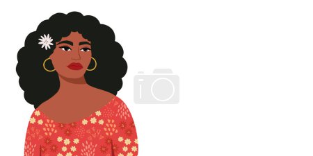 Illustration for African American female portrait. Beautiful young black woman.  Female beautiful profile. Side view. Banner template. Isolated vector illustration. - Royalty Free Image