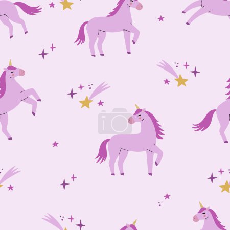 Illustration for Cute cartoon colorful seamless pattern with unicorns and stars on pastel background. Perfect for kids textile, wallpaper, wrapping paper etc. Vector illustration - Royalty Free Image