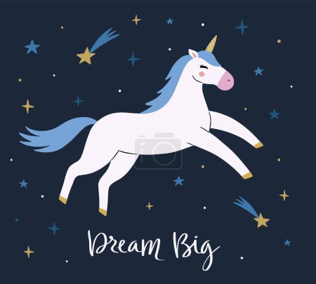 Ilustración de Unicornio blanco lindo mágico volando en el cielo con estrellas y corazones sobre fondo azul. Estilo de dibujos animados hermoso unicornio para cosas de niños, carteles, tarjetas, etc. Sueño gran mano dibujado texto. Ilustración vectorial - Imagen libre de derechos