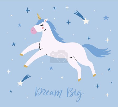 Illustration for Magic cute white unicorn flying in the sky with stars and hearts on blue background. Cartoon style beautiful unicorn for kids stuff, posters, cards etc. Dream big hand drawn text. Vector illustration - Royalty Free Image
