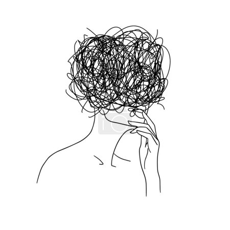 Illustration for Anxiety disorder, depression, mixed emotions. Thinking woman. Messy lines. Minimalistic abstract conceptual female portrait. Linear female body. Modern abstract line art style. Vector illustration. - Royalty Free Image
