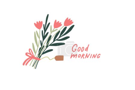 Ilustración de Entrega de ramos de flores. Buenos días, mensaje. Ilustración vectorial - Imagen libre de derechos