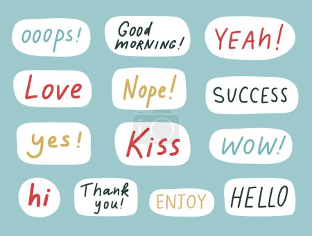Illustration for Words stickers set. Cute positive badges, lettering, doodle quotes, stickers. vector. Inspirational quotes. Yeah, love, hi, hello etc. Vector illustration - Royalty Free Image
