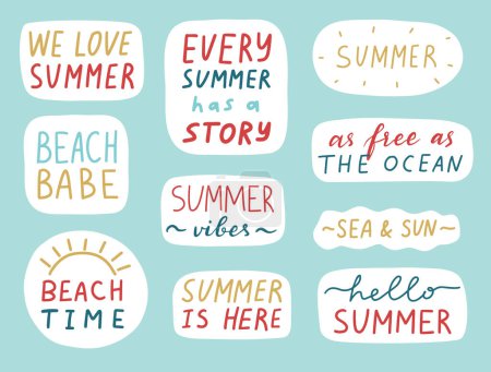 Illustration for Summer stickers set. Cute positive badges, lettering, doodle quotes, stickers. vector. Inspirational quotes. Beach babe, hello summer etc. Vector illustration - Royalty Free Image