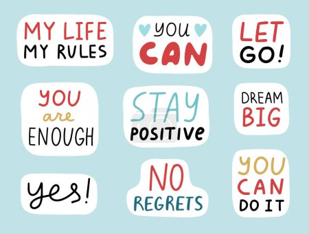 Motivational stickers set. Cute positive badges, lettering, doodle quotes, stickers. vector. Inspirational quotes. Stay positive, dream big, you can etc. Vector illustration
