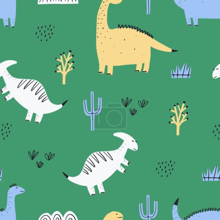 Illustration for Cute colorful seamless pattern with dinosaurs. Bright background for kids. Vector illustration for textile manufacturing, notebooks etc - Royalty Free Image