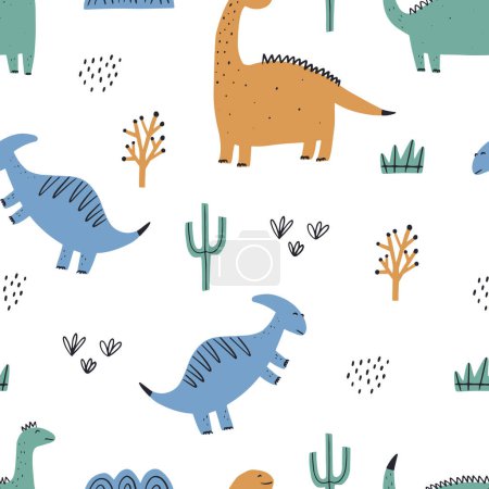 Illustration for Cute colorful seamless pattern with dinosaurs. Bright background for kids. Vector illustration for textile manufacturing, notebooks etc - Royalty Free Image