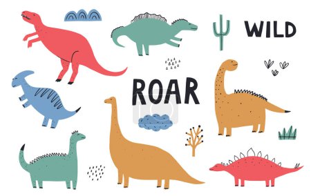 Illustration for Cute colorful cartoon dinosaurs and doodle elements set isolated on white background. Vector illustration for kids - Royalty Free Image