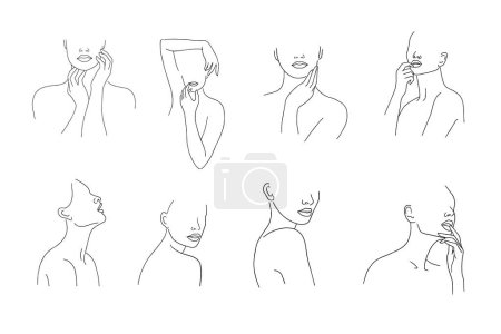 Illustration for Set of minimalistic female figure. Linear female bodies, faces. Modern abstract line art style. Vector illustration. - Royalty Free Image