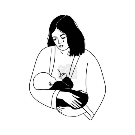 Téléchargez les illustrations : Une femme fatiguée qui pleure allaite un bébé. Dépression post-partum ou postnatale, tristesse. Problèmes psychologiques de la maternité. Illustration vectorielle - en licence libre de droit