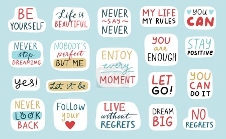 Illustration for Motivational stickers set. Cute positive badges, lettering, doodle quotes, stickers. vector. Inspirational quotes. Be yourself, let it be etc. Vector illustration - Royalty Free Image