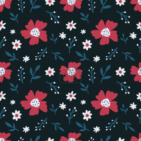 Illustration for Seamless colorful floral pattern with wild flowers. Simple Scandinavian style. Vector illustration - Royalty Free Image