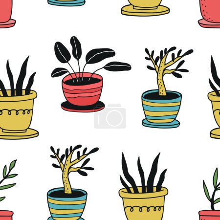 Téléchargez les illustrations : Motif floral sans couture avec différentes plantes de maison dans des pots colorés. Fond mignon avec des plantes. Parfait pour le textile, le tissu. Illustration vectorielle - en licence libre de droit