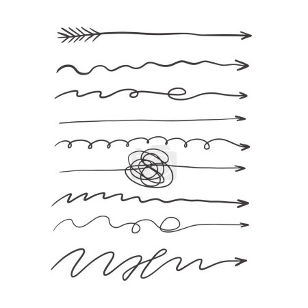 Ilustración de Doodle largas flechas establecidas. Flechas rectas, enredadas y onduladas dibujadas a mano. Ilustración vectorial - Imagen libre de derechos