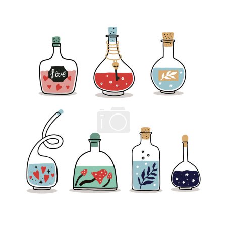 Illustration for Set of magic hand drawn bottles. Love potions vessels. Mystical alchemy elixir. Vector illustration - Royalty Free Image