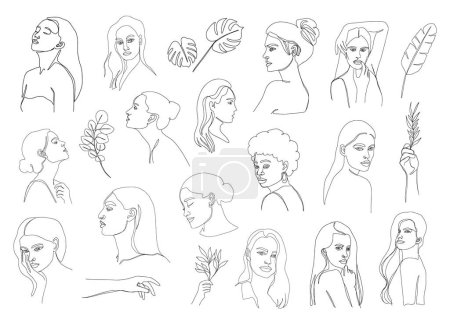Illustration for Set of posters template with minimalistic female figure. Woman portraits. One line art female body, faces. Modern abstract line art style. Vector illustration - Royalty Free Image