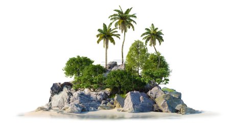 Pequeña isla sobre fondo blanco con ruta de recorte, representaciones de ilustración 3d