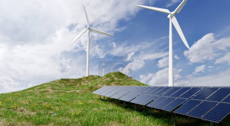 Téléchargez les photos : Panneau solaire et éoliennes dans le ciel bleu jour, rendu illustration 3d - en image libre de droit