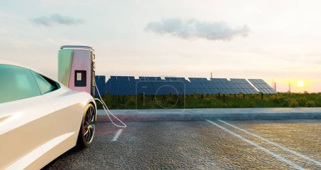 Téléchargez les photos : Chargement de voiture électrique avec panneau solaire au coucher du soleil, rendu d'illustration 3d - en image libre de droit