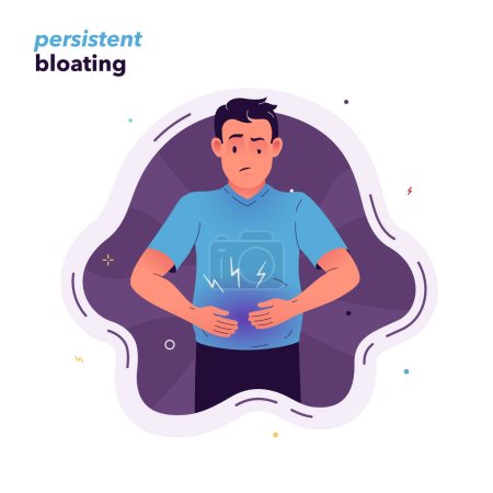 Illustration for Vector illustration of a man suffering from bloating. The man experiences constant bloating. Symptoms of irritable bowel syndrome or food allergies - Royalty Free Image