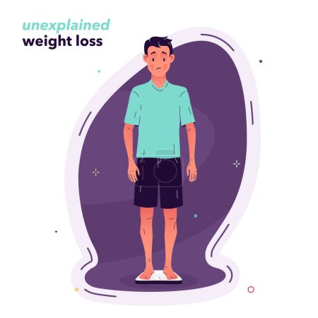 Ilustración vectorial de un hombre que sufre de pérdida de peso inexplicable. La pérdida de peso es un síntoma de diabetes, depresión, estrés y síndrome del intestino irritable.