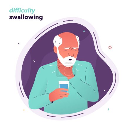 Téléchargez les illustrations : Vector illustration of a man in pain when swallowing. An elderly man suffering from dysphagia holds his throat with his hand. Symptoms of Parkinsons disease, multiple sclerosis, stroke - en licence libre de droit