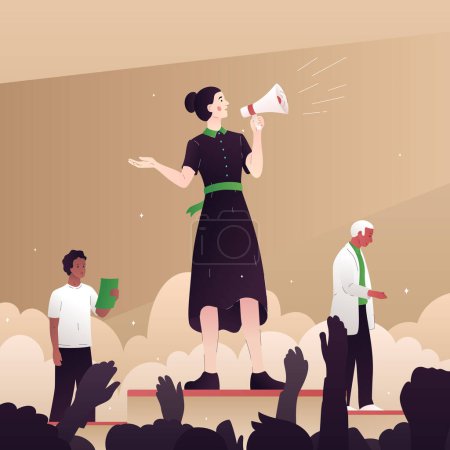 Téléchargez les illustrations : Vector illustration of a leader with a loudspeaker. A woman standing on the stage makes a campaign speech. People came to the rally. Banner for the election campaign. Performance at an event - en licence libre de droit