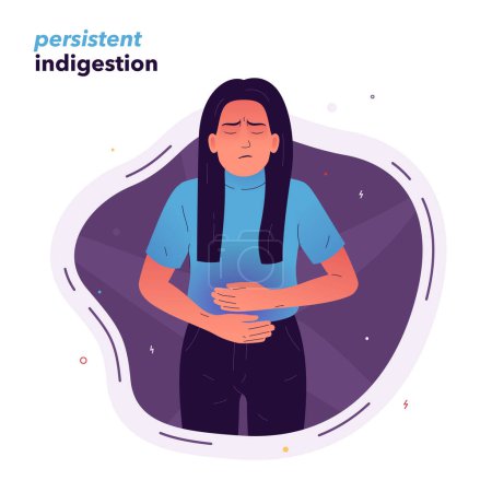 Illustration for Vector illustration of a girl who stands with her eyes closed and holds her stomach with her hands. The girl does not feel well due to persistent indigestion. Dyspepsia, gastritis, ulcer - Royalty Free Image