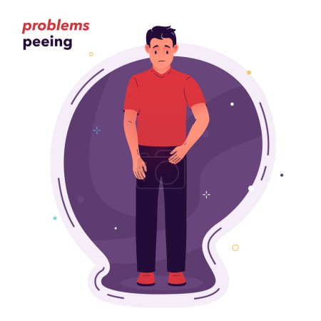 Ilustración de Vector illustration of a sad man who has problems peeing. Painful or difficult urination. Symptoms of prostatitis. Illustration for medical articles, posters, and stands - Imagen libre de derechos