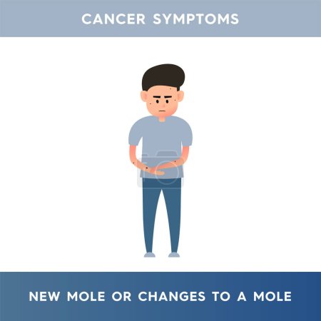 Illustration for Vector illustration of a man with moles on his body. A person has discovered unusual changes in a mole. Skin neoplasms are a symptom of cancer, melanoma, skin cancer. Illustration for medical article - Royalty Free Image
