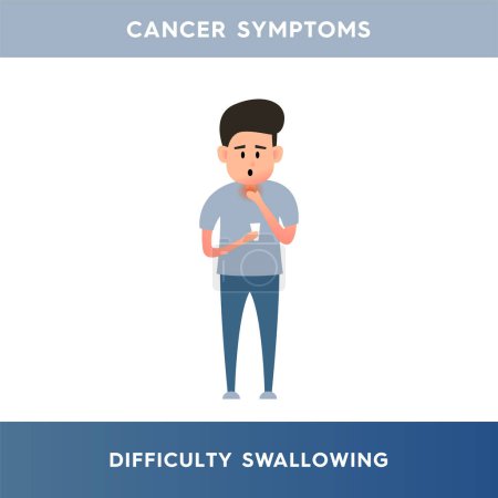 Vector illustration of a man experiencing pain when swallowing. A person suffering from dysphagia holds his throat with his hand. Symptoms of Parkinson's disease, multiple sclerosis, stroke, cancer