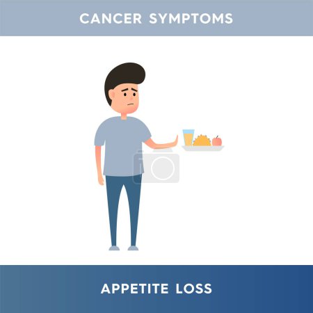 Ilustración de Vector illustration of a man who refuses to eat. The person does not feel hungry. The man does not want to eat because of loss of appetite. Cancer symptoms. Illustration for medical articles, posters - Imagen libre de derechos