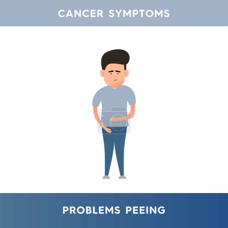 Ilustración de Vector illustration of a sad man who has problems with urination. Painful or difficult urination. Symptoms of cancer, prostatitis. Illustration for medical articles, posters and stands - Imagen libre de derechos