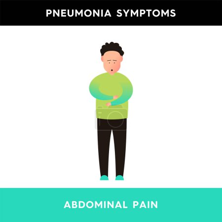 Téléchargez les illustrations : Vector illustration of a man who put his hands on his stomach because of pain. A person with symptoms of pneumonia suffers from abdominal pain. Pneumonia symptoms. Illustration for medical articles - en licence libre de droit