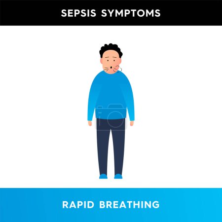 Téléchargez les illustrations : Vector illustration of a man who breathes quickly. A character who finds it difficult to breathe, he does not have enough air. Symptoms of sepsis. Illustration for medical articles, posters - en licence libre de droit