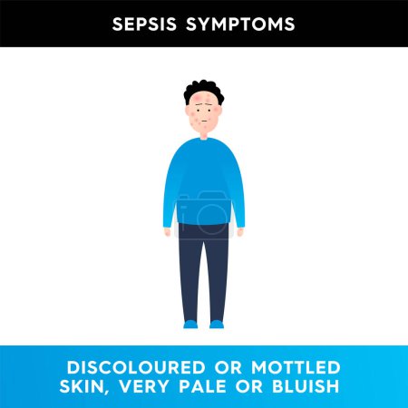 Téléchargez les illustrations : Vector illustration of a man whose face is covered with red spots. The character has a pale complexion and a mottled face. Symptoms of sepsis. Illustration for medical articles - en licence libre de droit