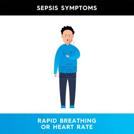 Ilustración de Vector illustration of a man who has a frequent heartbeat. A character who finds it difficult to breathe, he does not have enough air. Symptoms of sepsis. Illustration for medical articles, posters - Imagen libre de derechos