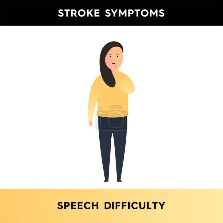 Illustration for Vector illustration of a woman who has difficulty speaking due to the effects of a stroke. The girl is trying to say something, but her speech is difficult to understand. Symptoms of a stroke - Royalty Free Image