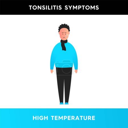 Illustration for Vector illustration of a man with a thermometer who has a high temperature. A person suffering from tonsillitis experiences weakness and high fever. Infectious diseases. Symptoms of tonsillitis - Royalty Free Image