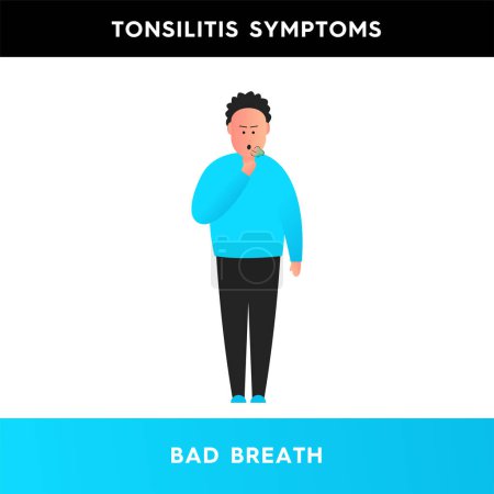 Illustration for Vector illustration of a man who covers his mouth with his hand. A man is worried about bad breath. Bad breath as a symptom of the disease. Infectious diseases. Symptoms of tonsillitis - Royalty Free Image