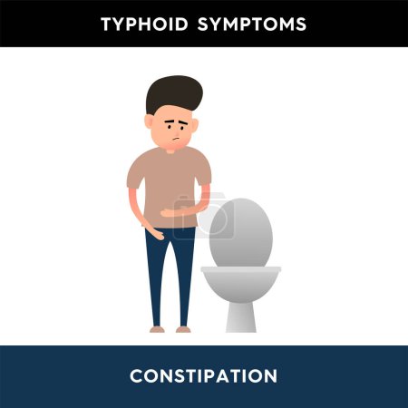 Vector illustration of a man standing near the toilet and holding his hand on his stomach. The person suffers from constipation. Intestinal infections. Symptoms of typhoid fever