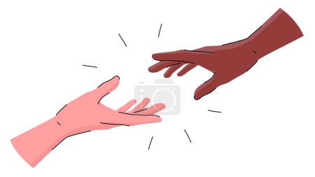 Ilustración de Ilustración vectorial que representa las manos de las personas que se acercan entre sí. Las personas pertenecientes a diferentes razas extienden sus manos entre sí. El concepto de unidad, bondad, asistencia mutua - Imagen libre de derechos