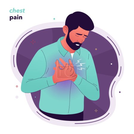 Vector illustration of a man, who's holding his hands to his chest. A man with a beard put his head down, feeling the uncomfortable sensation in the chest. Symptoms of pneumonia, heart attack
