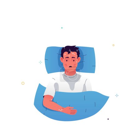 Ilustración vectorial de un personaje acostado en la cama con síntomas de gripe. El hombre se despertó con sudoración profusa. Síntomas de un resfriado, diabetes, enfermedad tiroidea, cáncer. Ilustración para carteles médicos