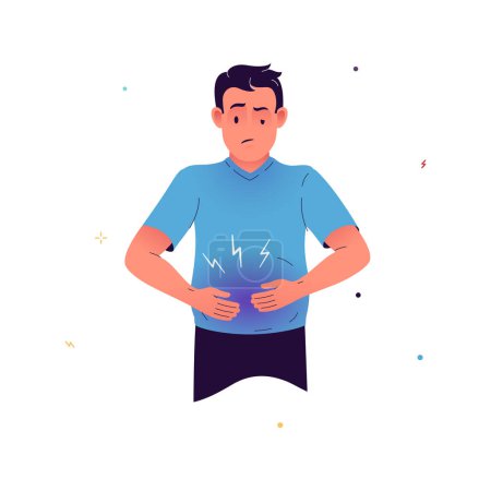 Vector illustration of a man suffering from bloating. The man has symptoms of flatulence. Symptoms of irritable bowel syndrome, food allergies, gastritis, cancer. Illustration for medical posters