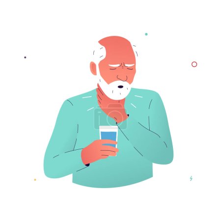 Vector illustration of a man experiencing pain when swallowing. An elderly man suffering from dysphagia holds his throat with his hand. Symptoms of Parkinson's disease, multiple sclerosis, cancer