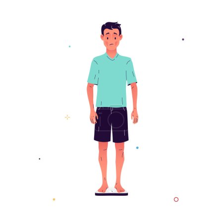 Ilustración de Ilustración vectorial de un hombre triste de pie en la balanza y sufriendo de pérdida de peso inexplicable. Carácter con bajo peso corporal. La pérdida de peso es un síntoma de diabetes, depresión, SII, cáncer - Imagen libre de derechos
