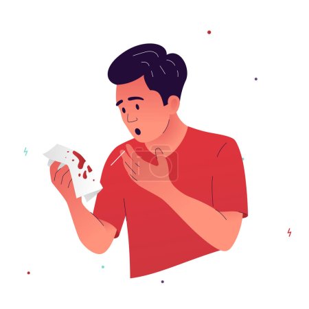 Vector illustration of a character who coughs up blood. A man holds a handkerchief with blood stains after coughing. Symptoms of tuberculosis, bronchitis, pneumonia, chest trauma, lung cancer