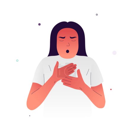 Illustration for Vector illustration of a girl with difficulty breathing. A person has shortness of breath due to lack of oxygen. Symptoms of allergies, asthma, heart disease, cancer. Illustration for medical posters - Royalty Free Image