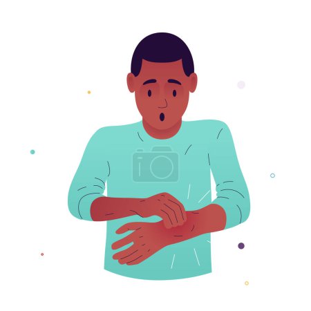 Illustration for Vector illustration of a frightened man who examines his hand. The man found a tumor on his arm. Symptoms of lipoma, cyst, tumor and cancer. Illustration for medical articles, posters, stands - Royalty Free Image